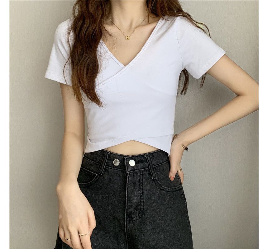 Short-Sleeve T-Shirt Plain V-Neck Wrap Crop