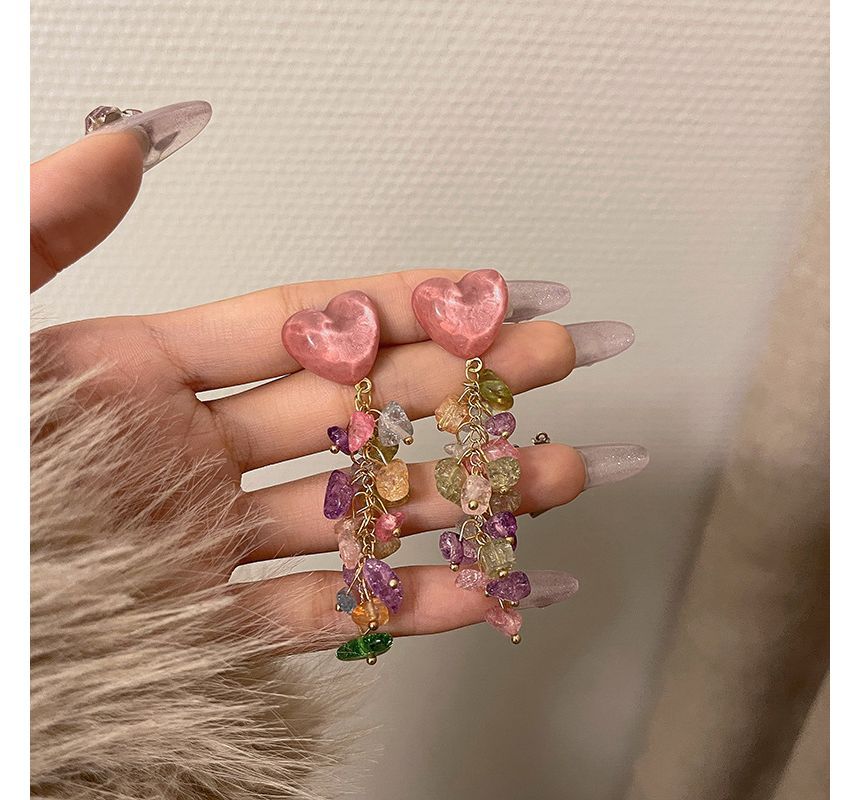 Alloy Fringed Heart Faux Crystal Earring