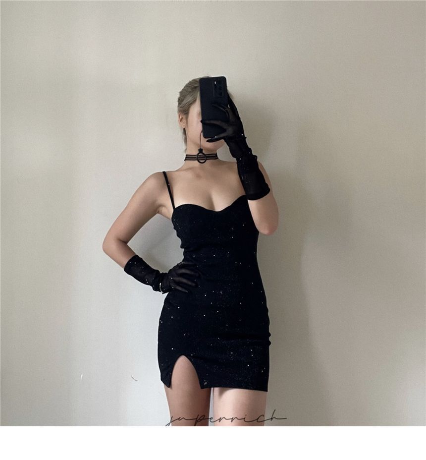 Long Bodycon Spaghetti Neckline Set: Rhinestone Mini + Sweetheart Strap Gloves Dress