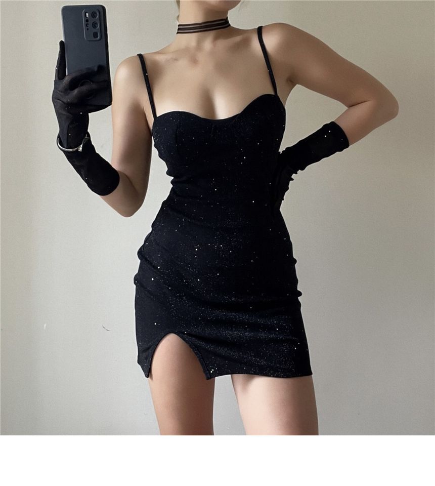 Long Bodycon Spaghetti Neckline Set: Rhinestone Mini + Sweetheart Strap Gloves Dress