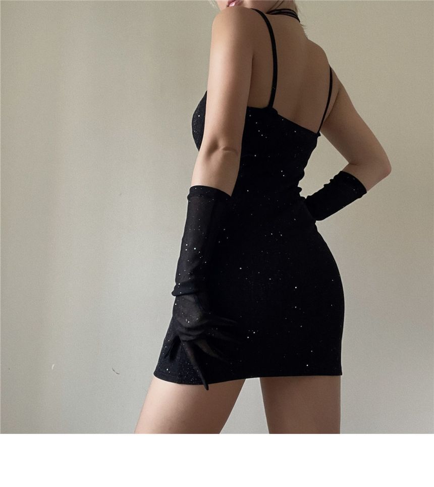 Long Bodycon Spaghetti Neckline Set: Rhinestone Mini + Sweetheart Strap Gloves Dress