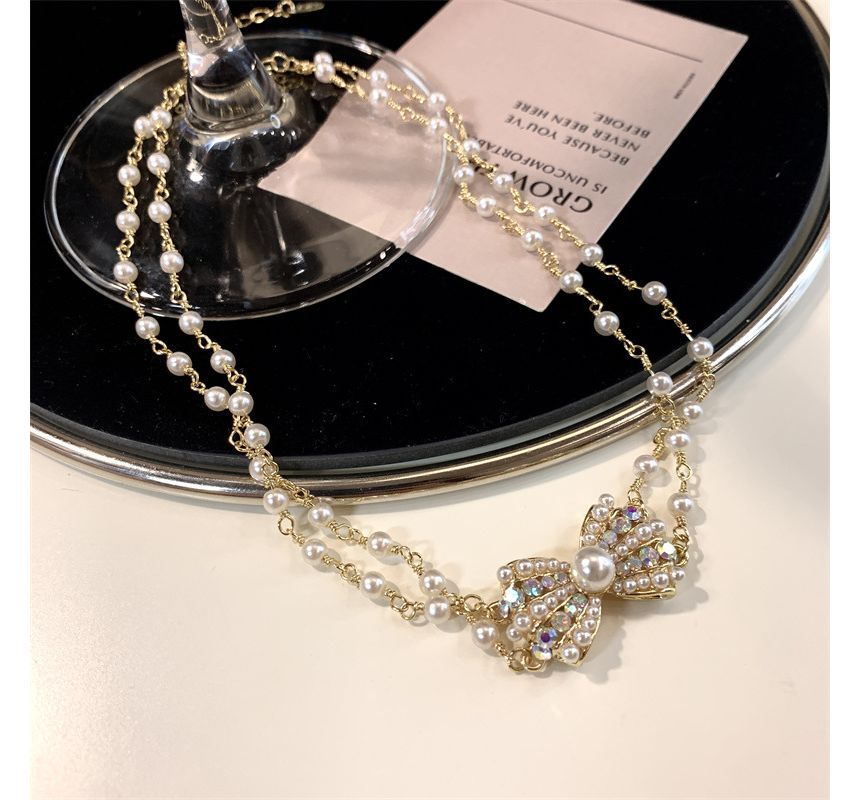 Bow Alloy Pearl Faux Layered Choker