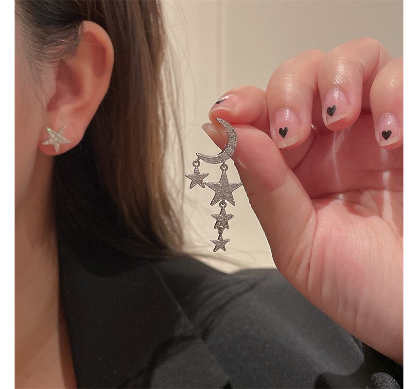 Asymmetrical Alloy Moon Star Fringed Earring