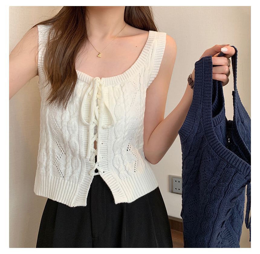 Knit Vest Lace-Up Cable-Knit