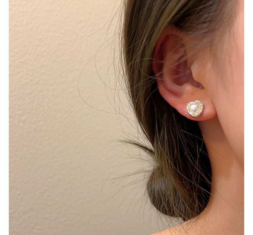 / Earring Stud Heart Pearl Rhinestone Faux Clip-On