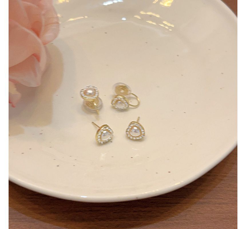 / Earring Stud Heart Pearl Rhinestone Faux Clip-On