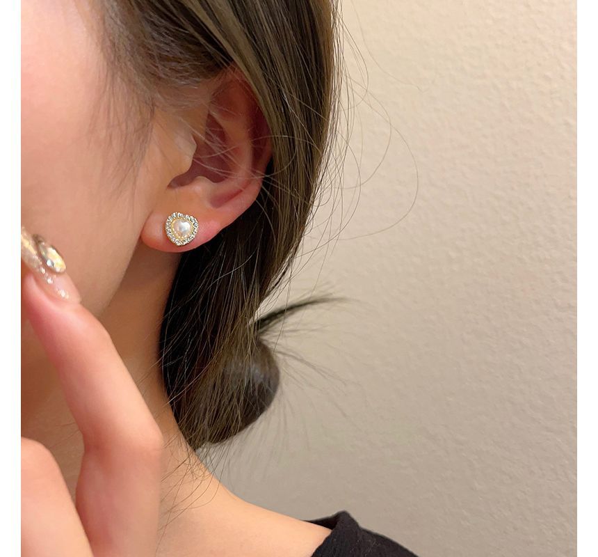 / Earring Stud Heart Pearl Rhinestone Faux Clip-On