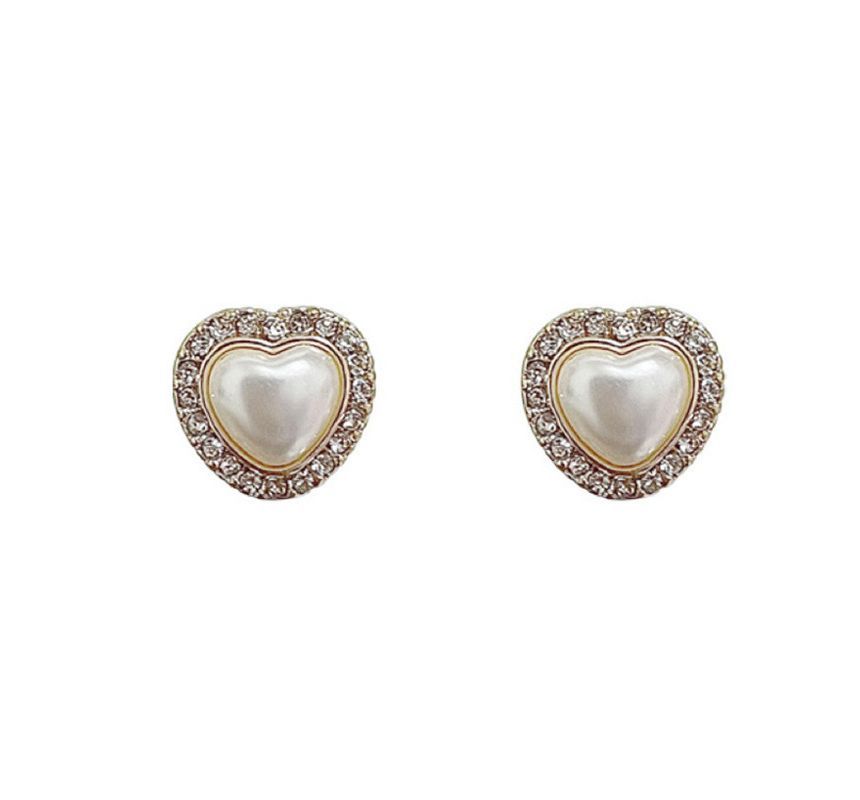 / Earring Stud Heart Pearl Rhinestone Faux Clip-On