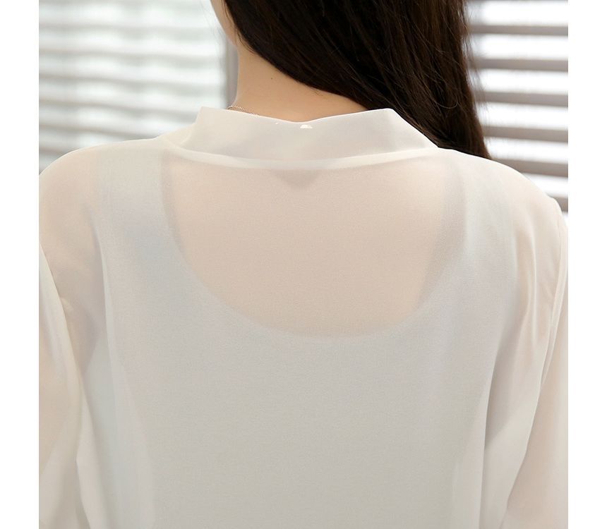 Elbow-Sleeve Plain Chiffon Crop Tie Front Jacket