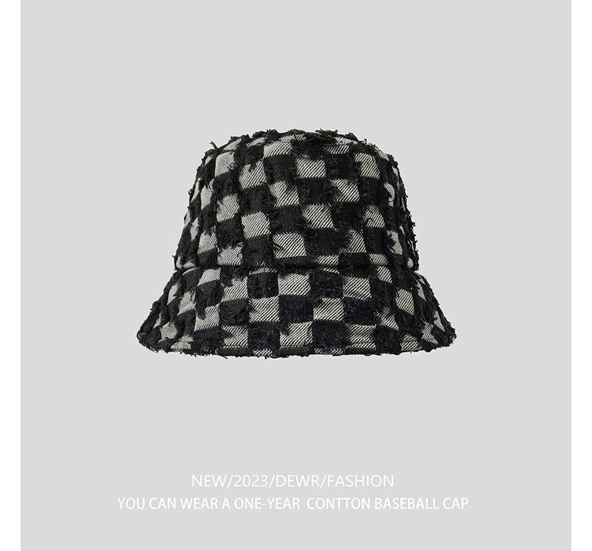 Denim Fringed Bucket Checker Hat