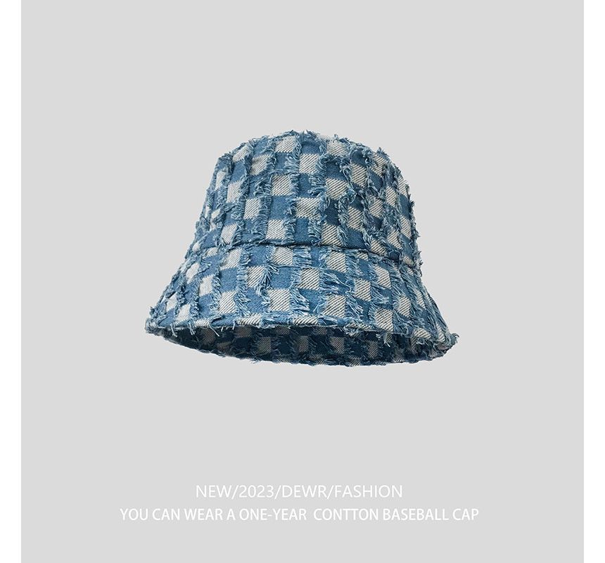 Denim Fringed Bucket Checker Hat