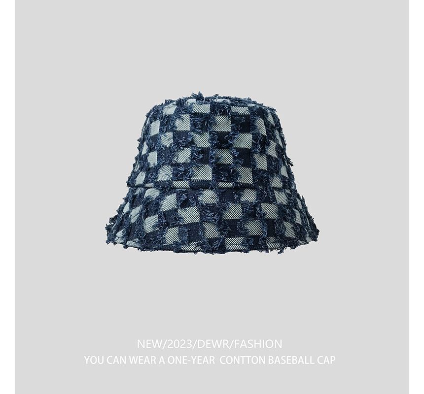 Denim Fringed Bucket Checker Hat
