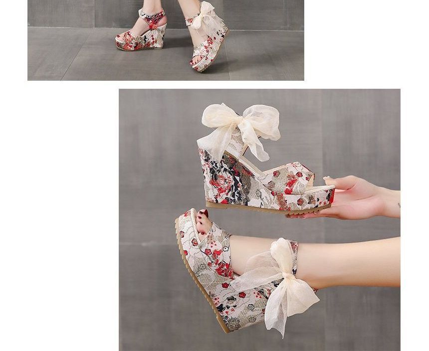 Platform Bow Sandals Wedge Floral Heel