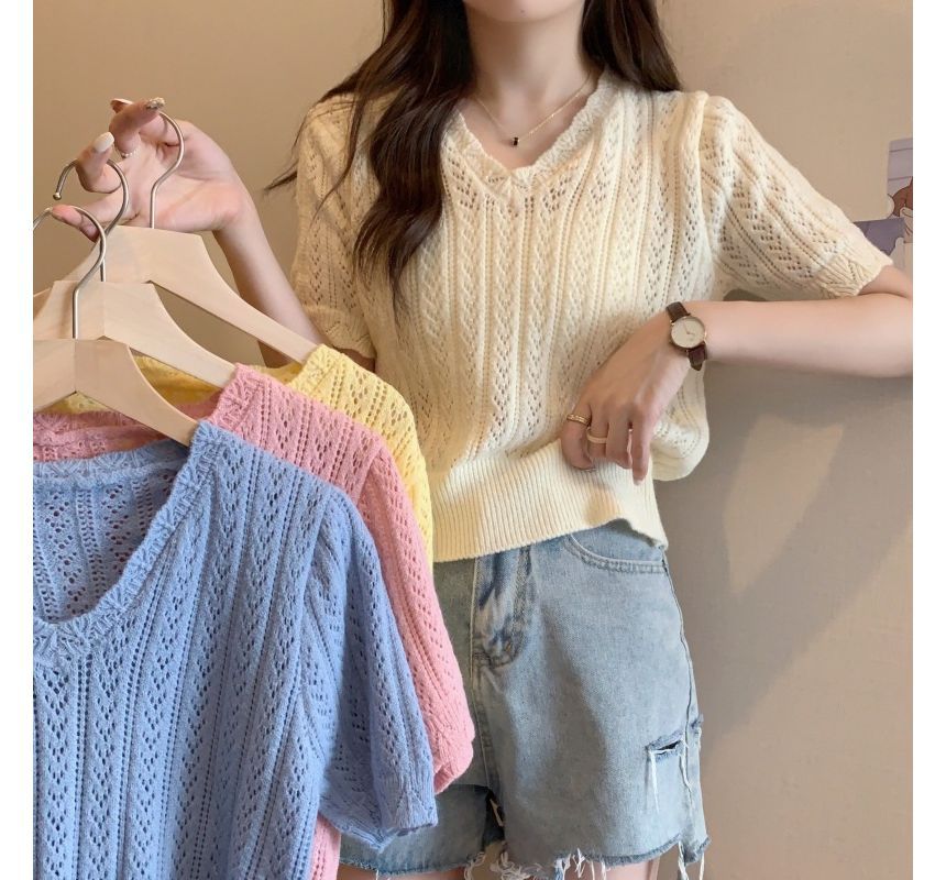 V-Neck Crochet Knit Top Short-Sleeve