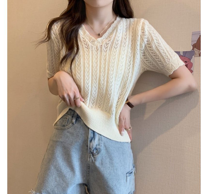 V-Neck Crochet Knit Top Short-Sleeve