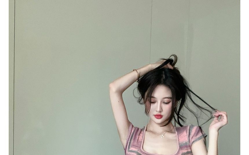 Square-Neck Mini Striped Dress Slim-Fit Short-Sleeve