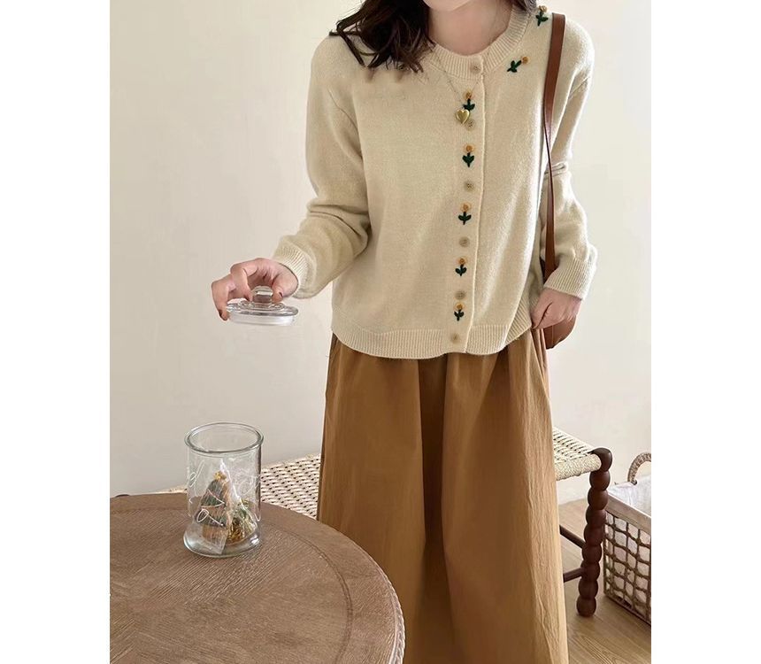 Plain Cardigan Floral Neck Crew