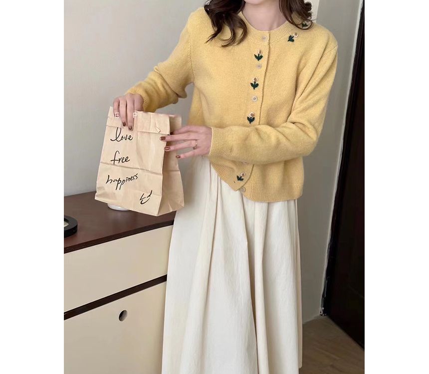 Plain Cardigan Floral Neck Crew