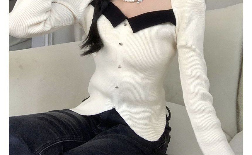Slim-Fit Top Puff-Sleeve Square-Neck Knit
