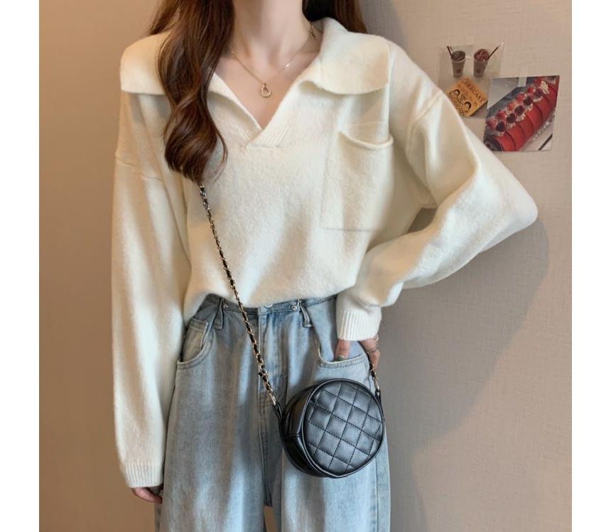 V-Neck Plain Loose-Fit Sweater