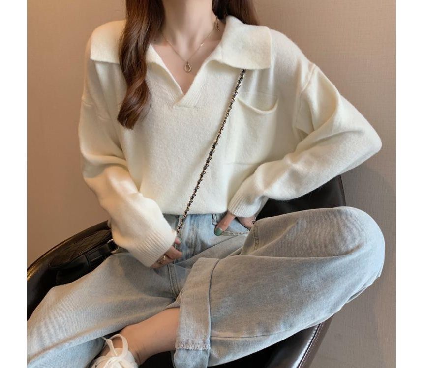 V-Neck Plain Loose-Fit Sweater
