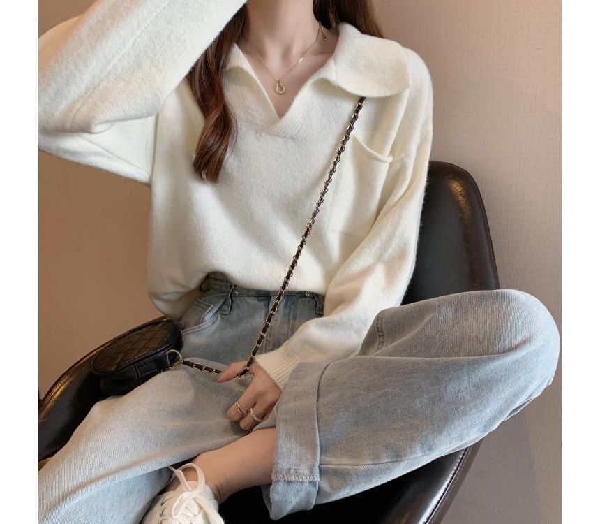 V-Neck Plain Loose-Fit Sweater