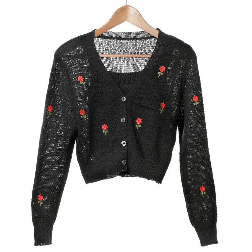 Neck Set: Embroidered Square Floral Top Crop Knit Tank Cardigan +