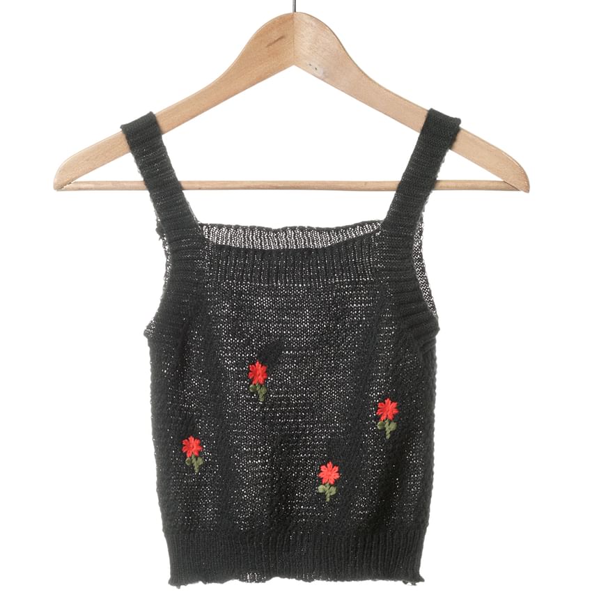 Neck Set: Embroidered Square Floral Top Crop Knit Tank Cardigan +