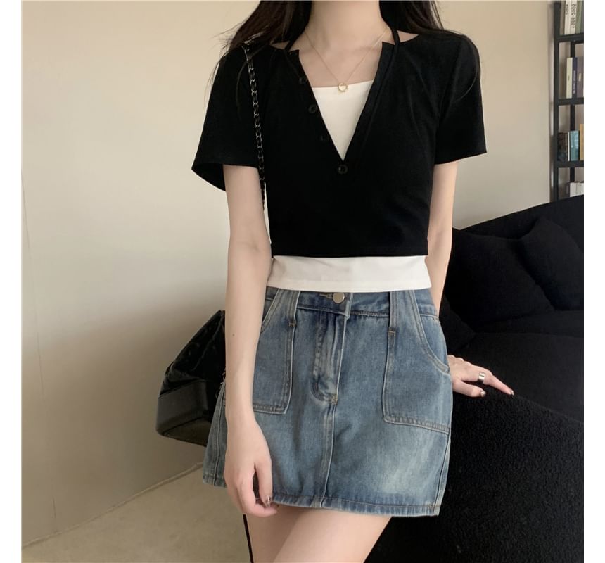 Top Short-Sleeve Halter Two-Piece Mock
