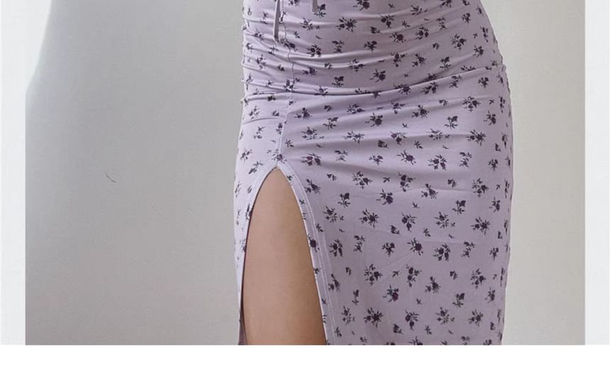 Wholesale Sample Spaghetti Strap Scoop Neck Floral Print Ruched Midi Bodycon Dress