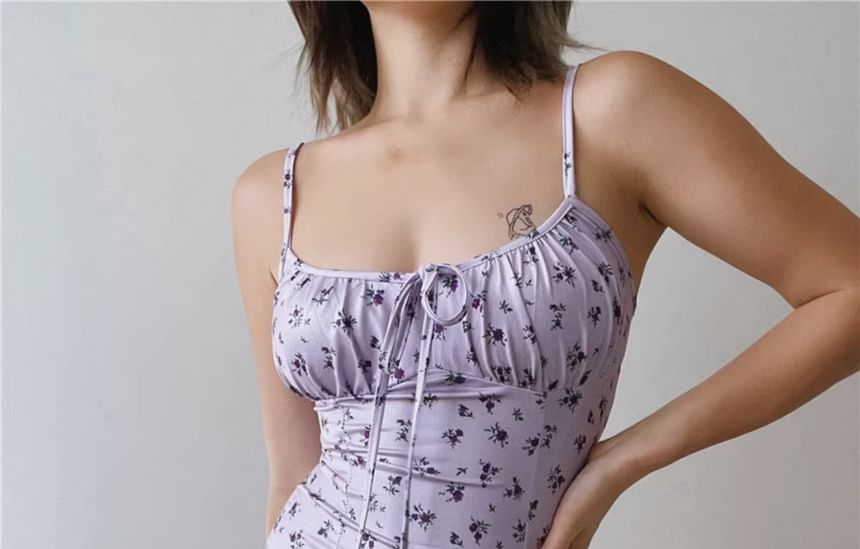Wholesale Sample Spaghetti Strap Scoop Neck Floral Print Ruched Midi Bodycon Dress