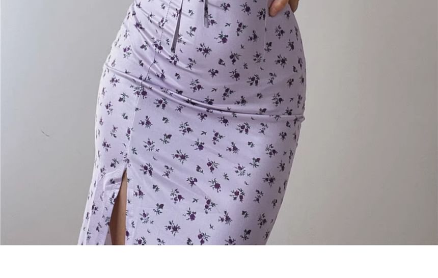 Wholesale Sample Spaghetti Strap Scoop Neck Floral Print Ruched Midi Bodycon Dress