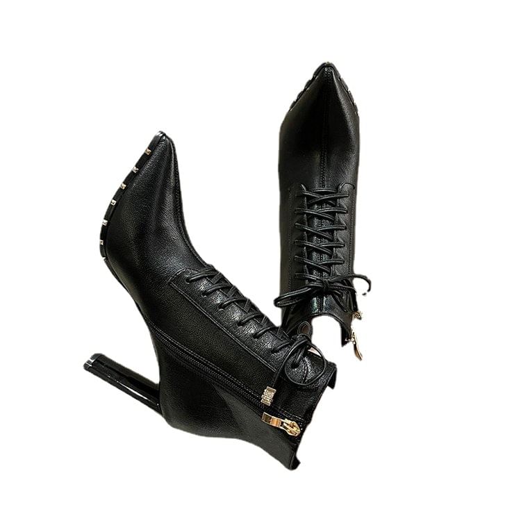 Pointed Heel Boots High Lace-Up Ankle