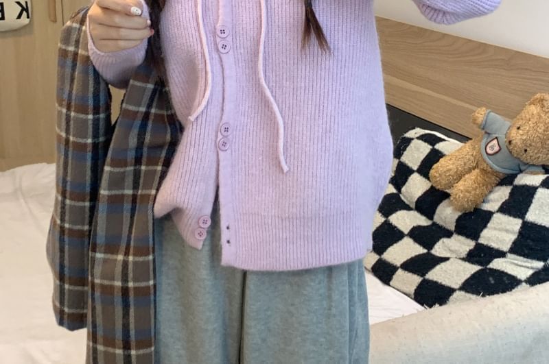 Hooded Cardigan Plain Button-Up