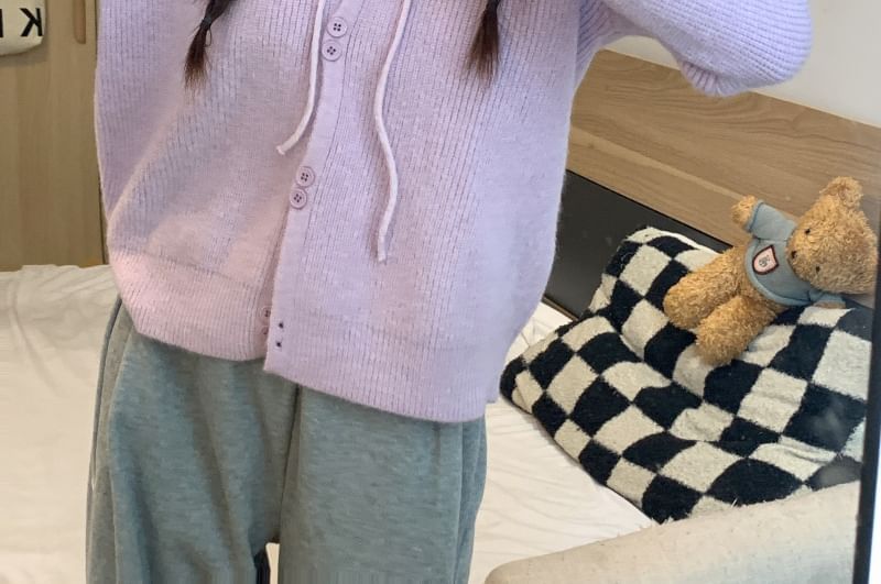 Hooded Cardigan Plain Button-Up