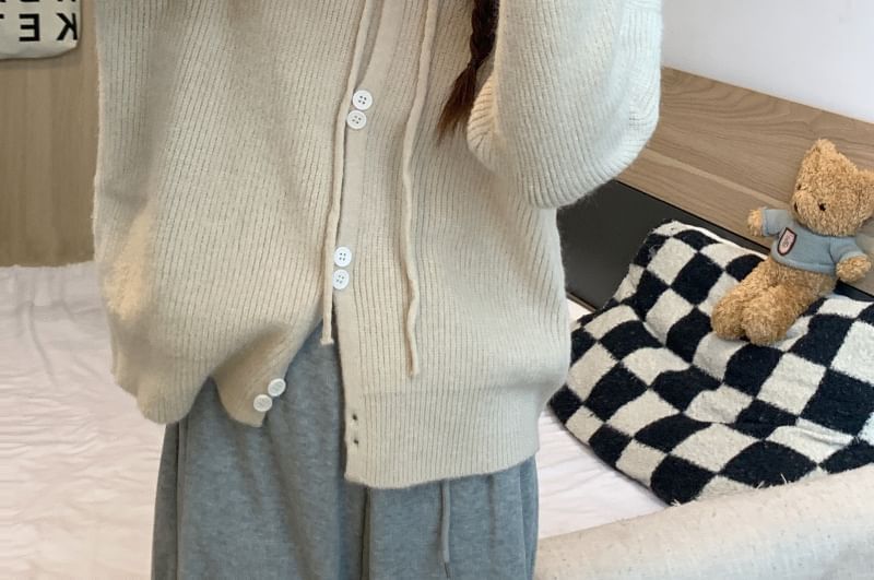 Hooded Cardigan Plain Button-Up