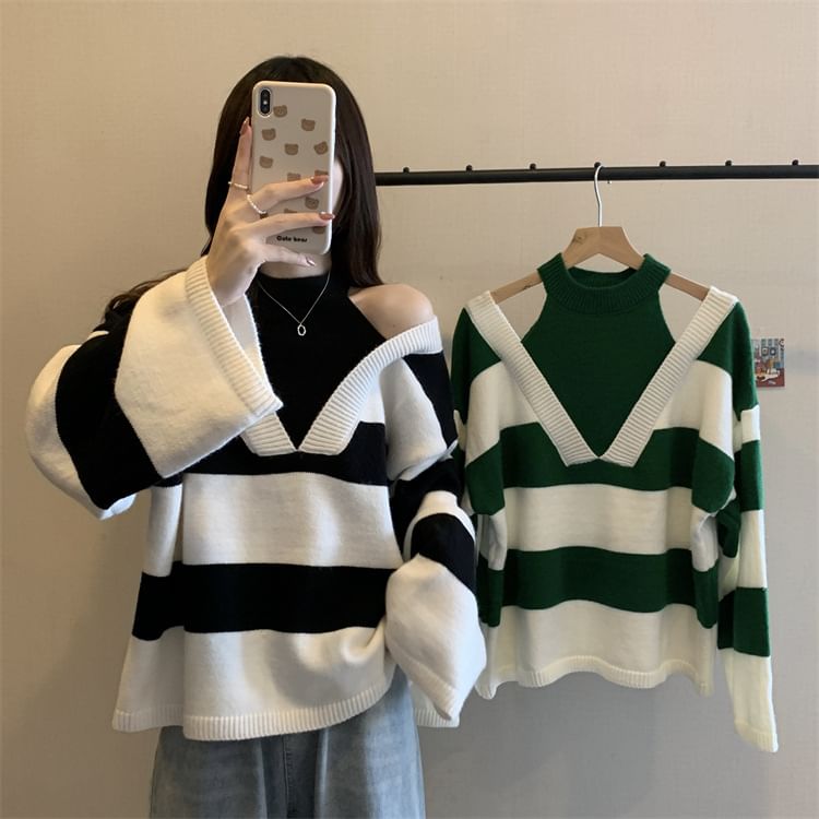 Long-Sleeve Striped Sweater Mock Two-Piece