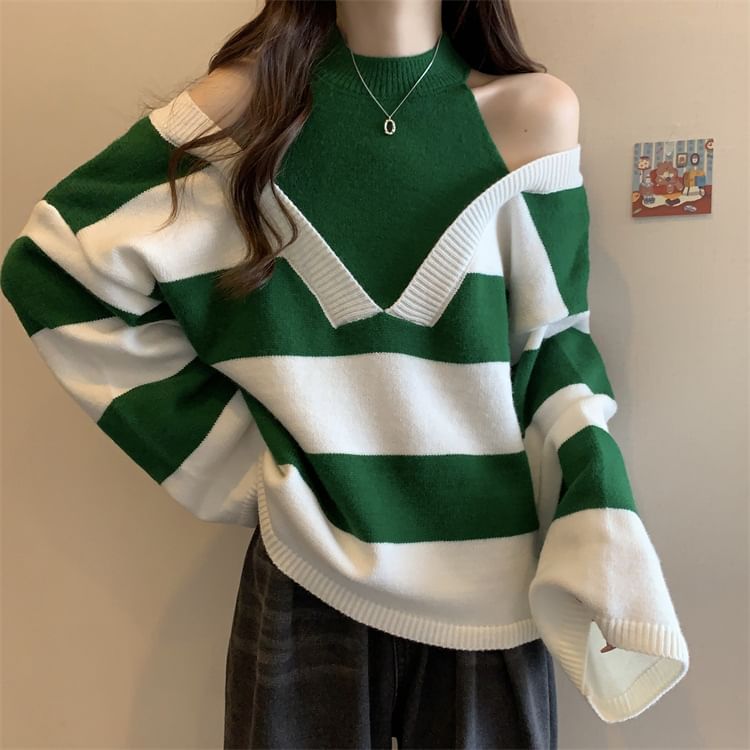 Long-Sleeve Striped Sweater Mock Two-Piece