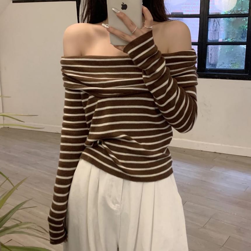 Striped Top Long-Sleeve Knit Slim-Fit