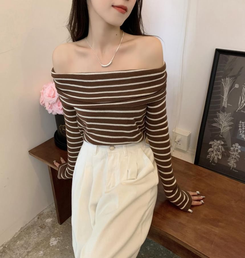 Striped Top Long-Sleeve Knit Slim-Fit