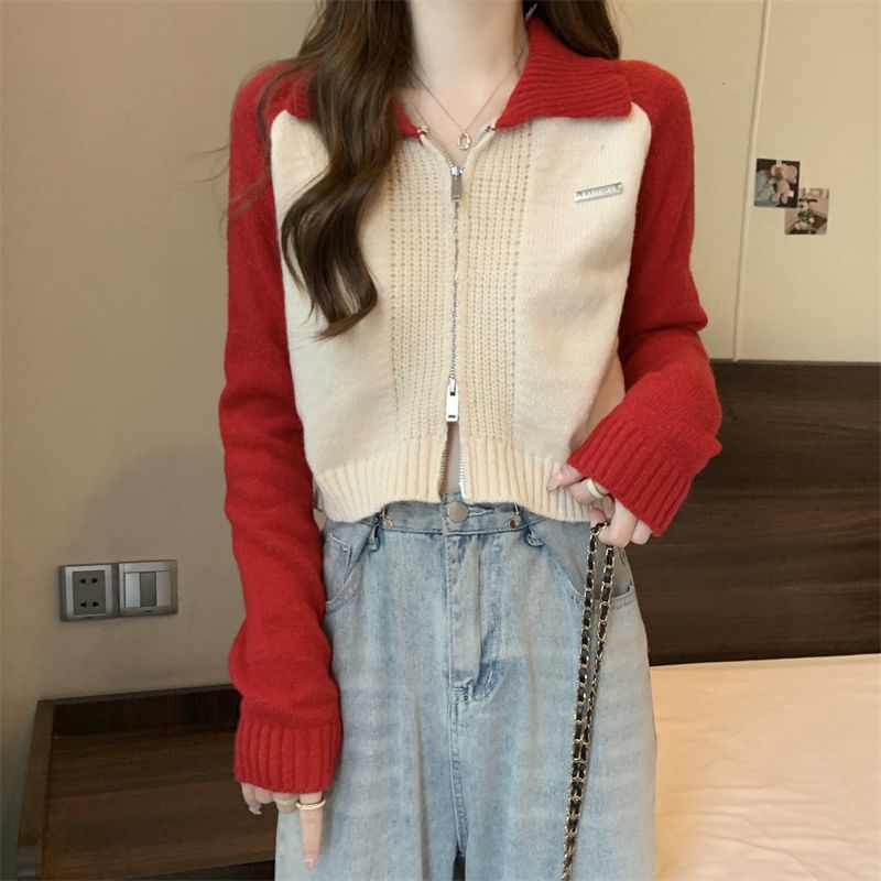 Polo Cardigan Two-Tone Zip