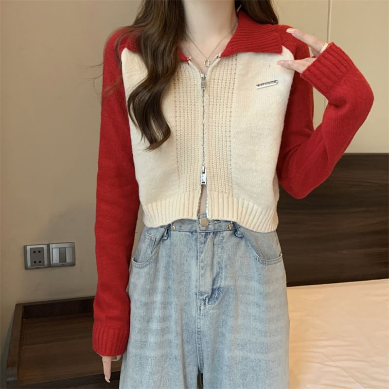 Polo Cardigan Two-Tone Zip