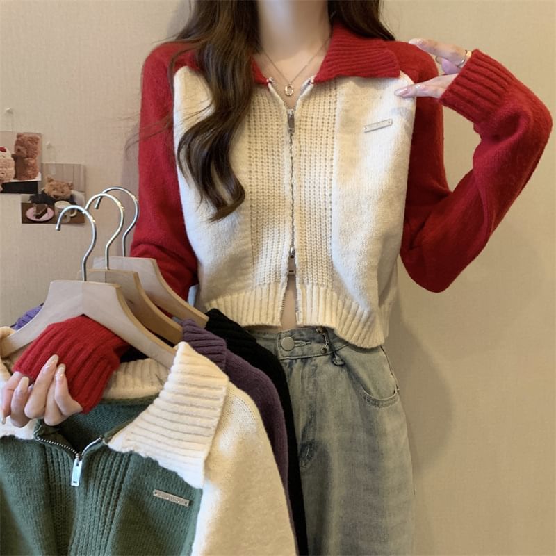 Polo Cardigan Two-Tone Zip