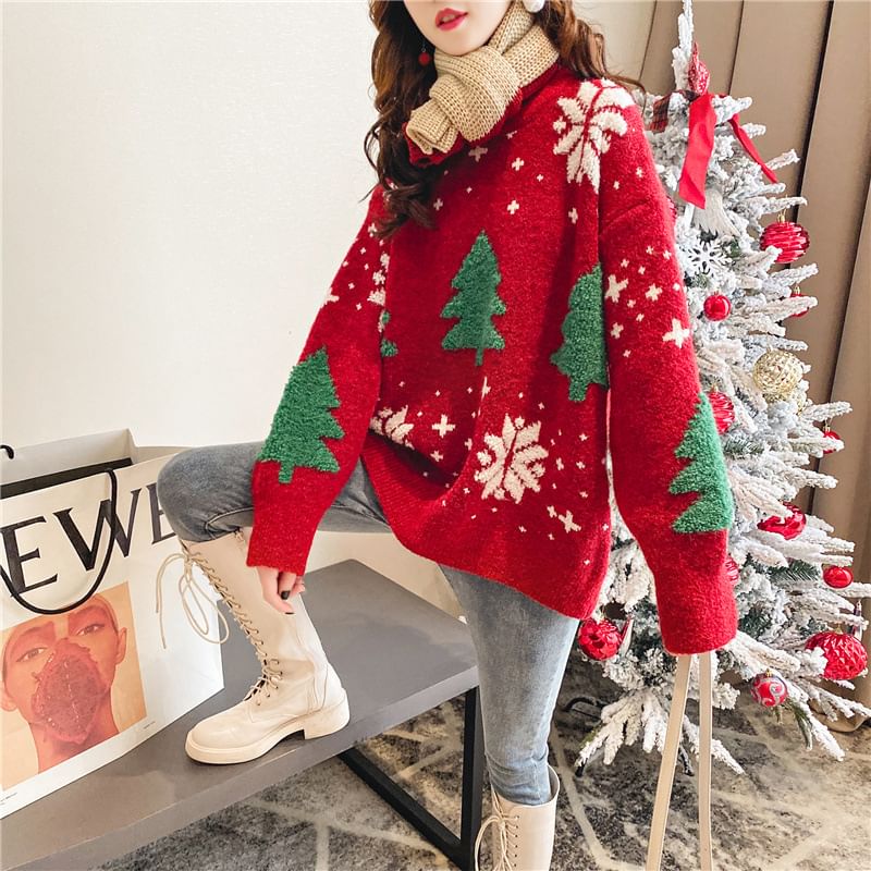 Christmas Tree Jacquard Sweater Crew Neck
