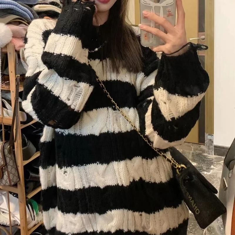 Sweater Distressed Knit Striped Cable Crew Neck