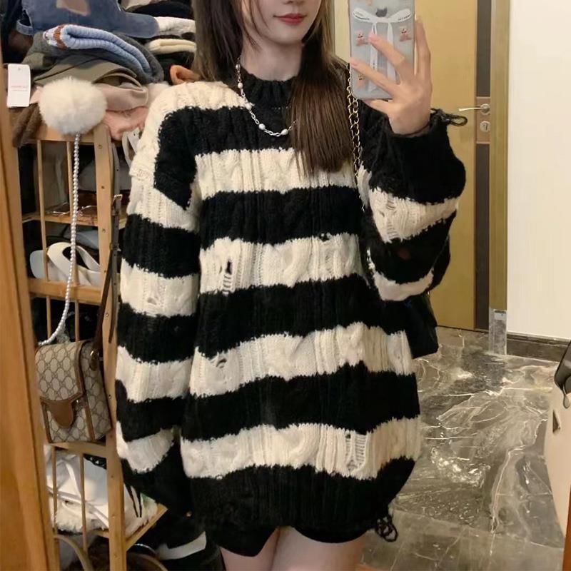 Sweater Distressed Knit Striped Cable Crew Neck