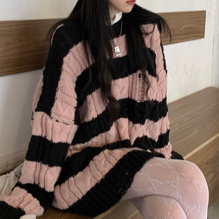Sweater Distressed Knit Striped Cable Crew Neck