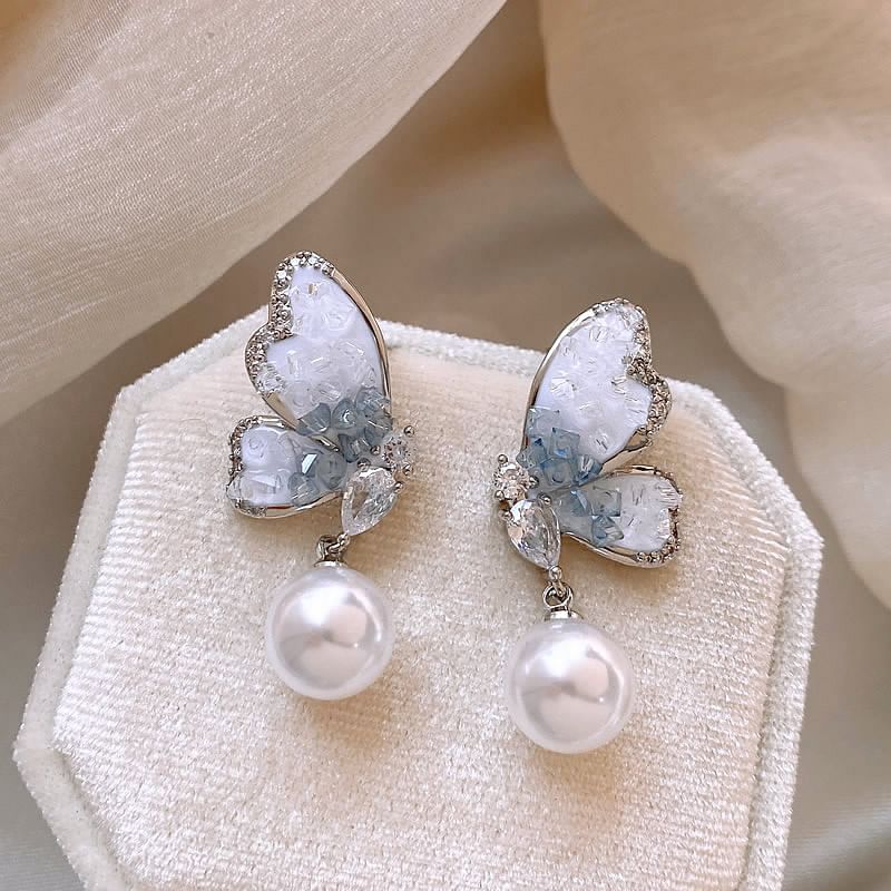 Drop Crystal Alloy Pearl Butterfly Earring Faux