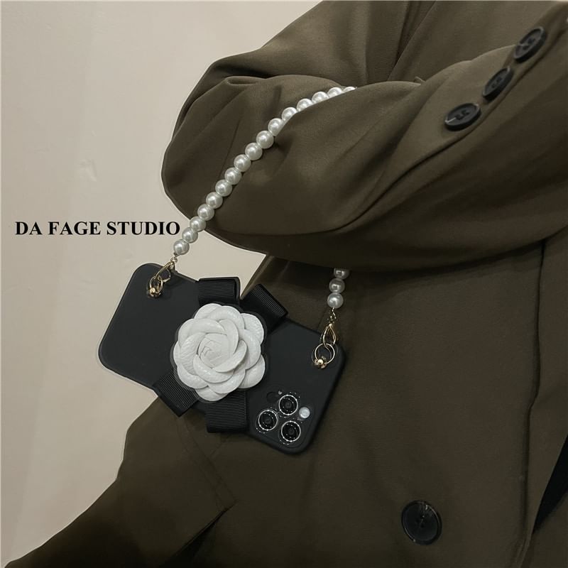 Floral Pearl Strap Case Faux Phone