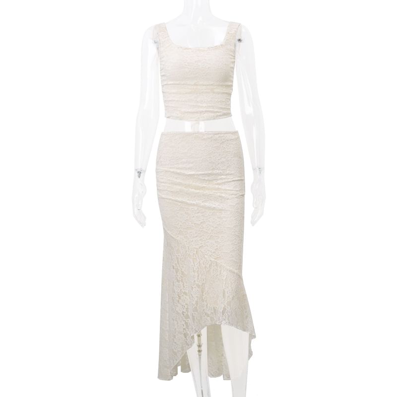 Skirt Top / Plain Lace Neck Tank Maxi High Crop Square Waist Mermaid